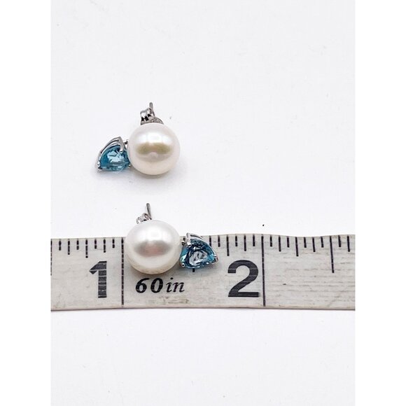 Sterling Silver 925 Pearl & Aquamarine Heart Earrings TIL China Romantic Jewelry - Picture 8 of 9